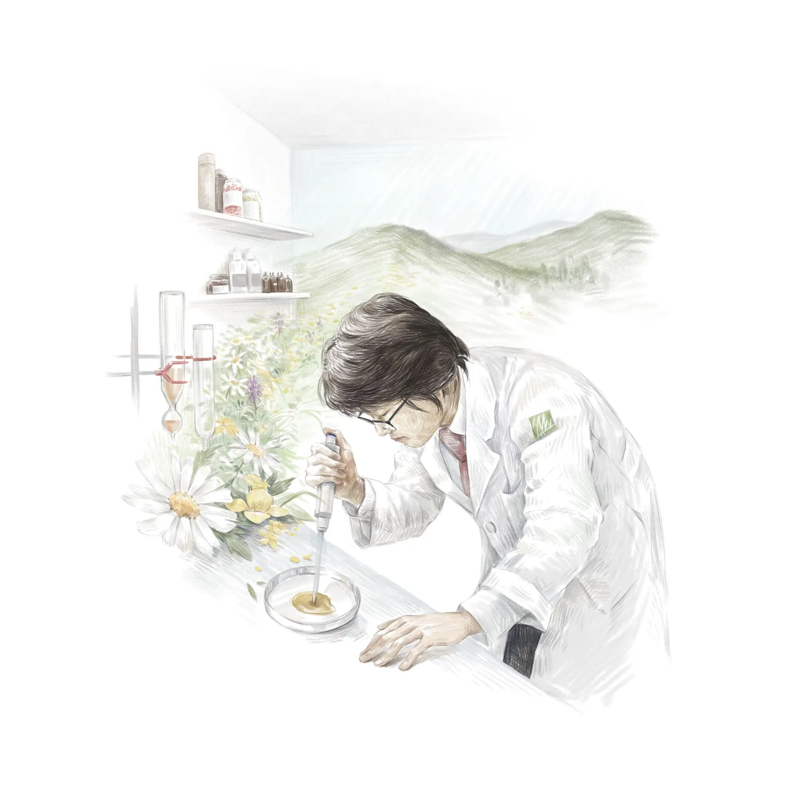 흰 가운을 입은 원장이 약초와 꽃을 살피는 수채화
